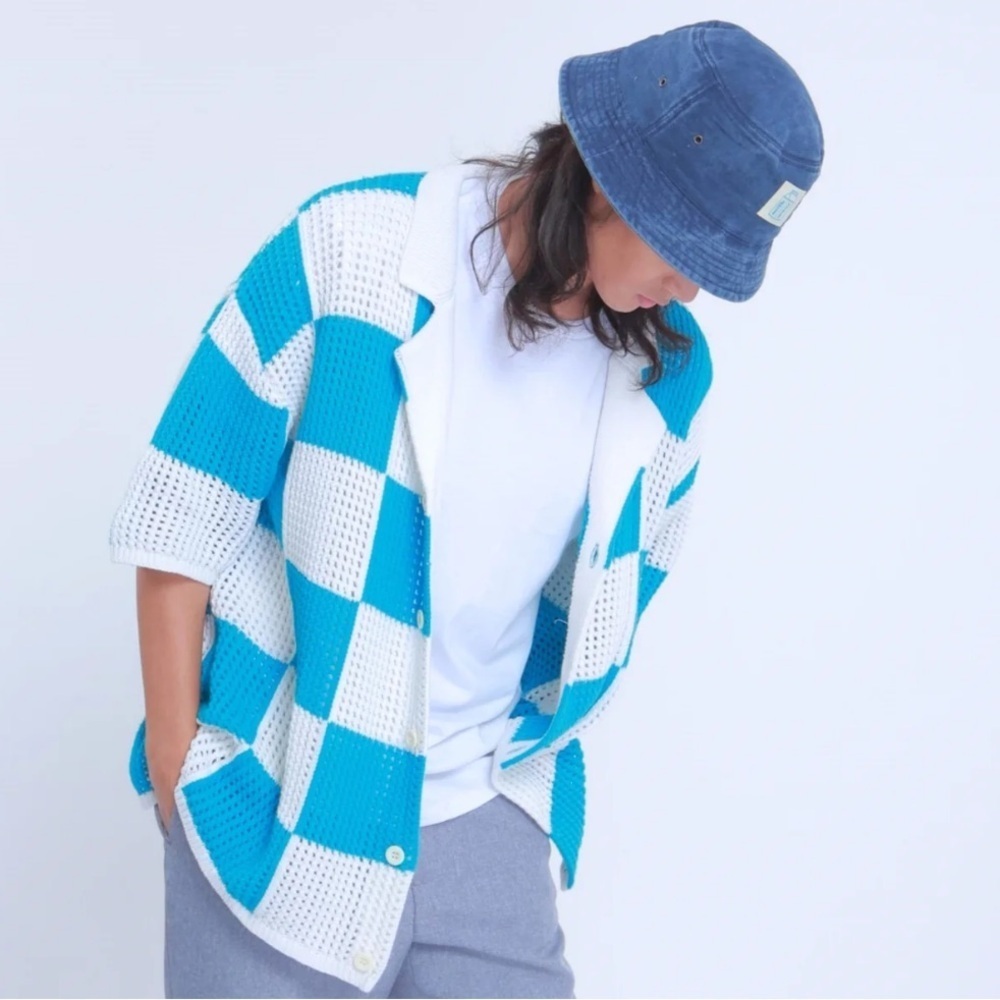 Milkwear Crochet Unisex Checkered Knot Polo Button Down Shirt Blue White XLarge